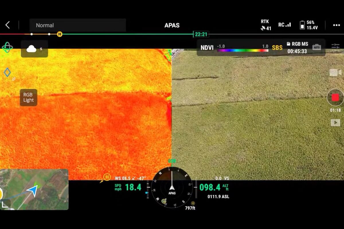 RGB és NDVI nézet összehasonlítása DJI Mavic 3M kijelzőjén